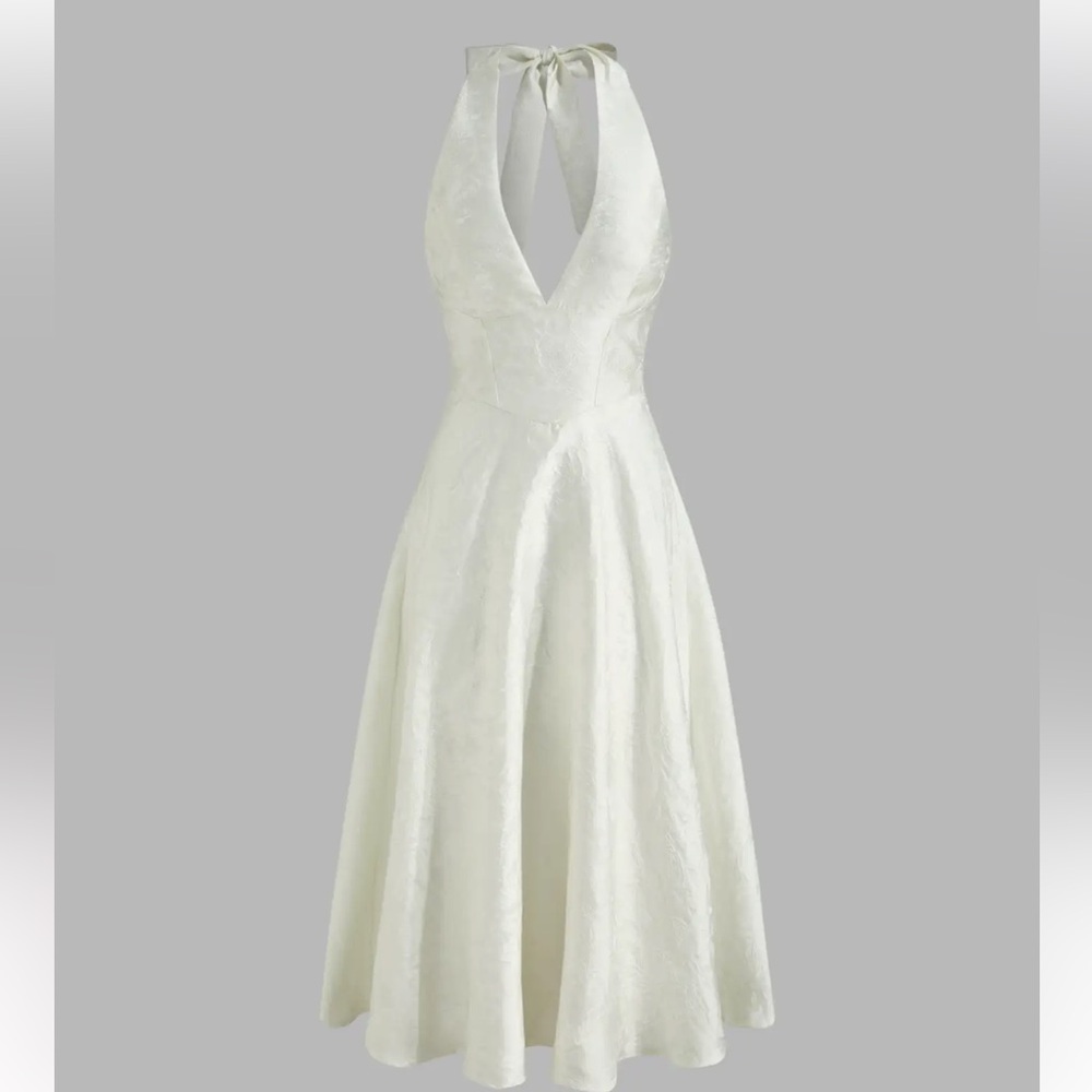 Cider Ivory Jacquard Halter V-Neck Midi Dress